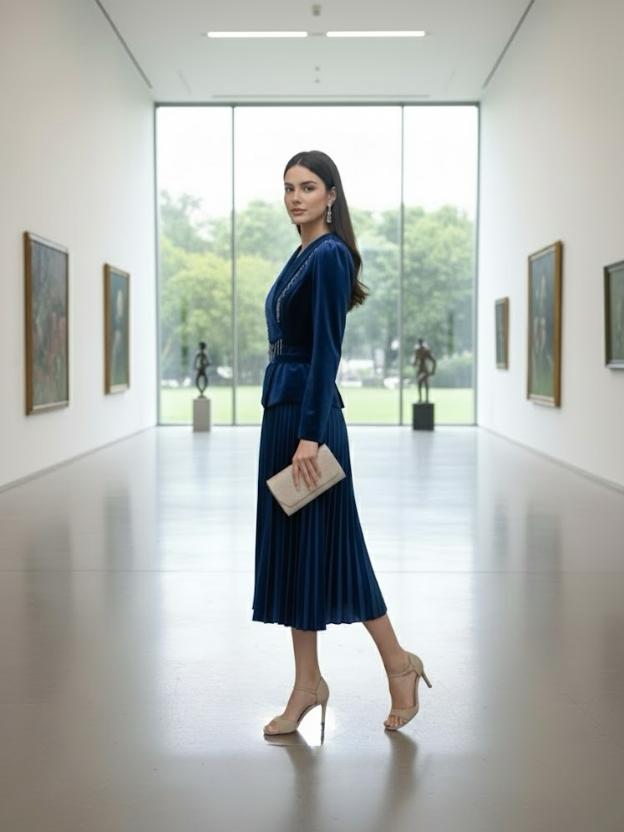 Women's Wine Velvet Pleated Midi Dress