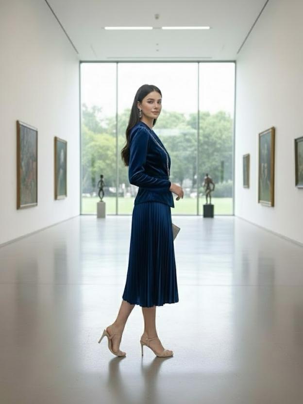 Women's Wine Velvet Pleated Midi Dress