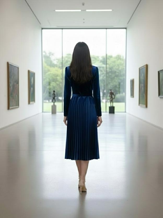 Women's Wine Velvet Pleated Midi Dress