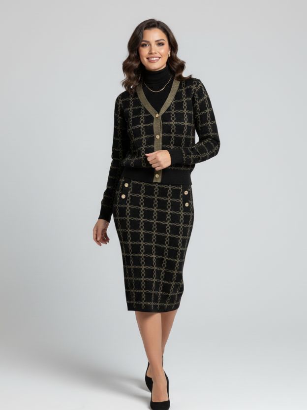 Classic V-Neck Cardigan and Pencil Skirt Duo