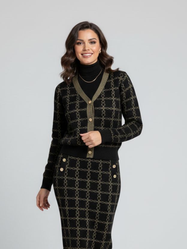 Classic V-Neck Cardigan and Pencil Skirt Duo