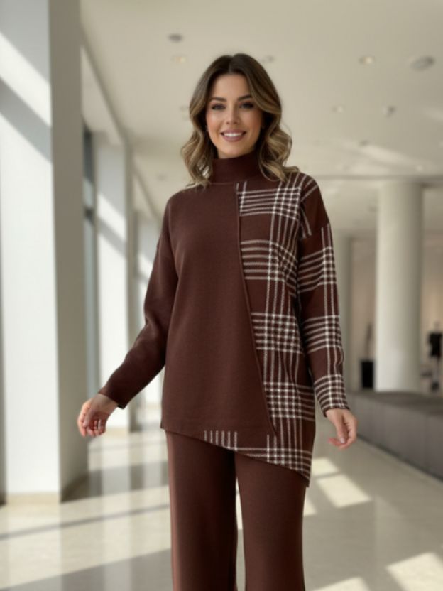 Geometric Color-Block Knit Top and Trouser co ord set