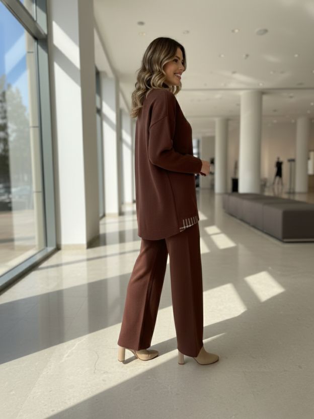 Geometric Color-Block Knit Top and Trouser co ord set
