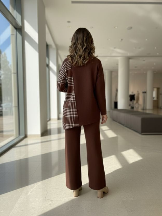 Geometric Color-Block Knit Top and Trouser co ord set
