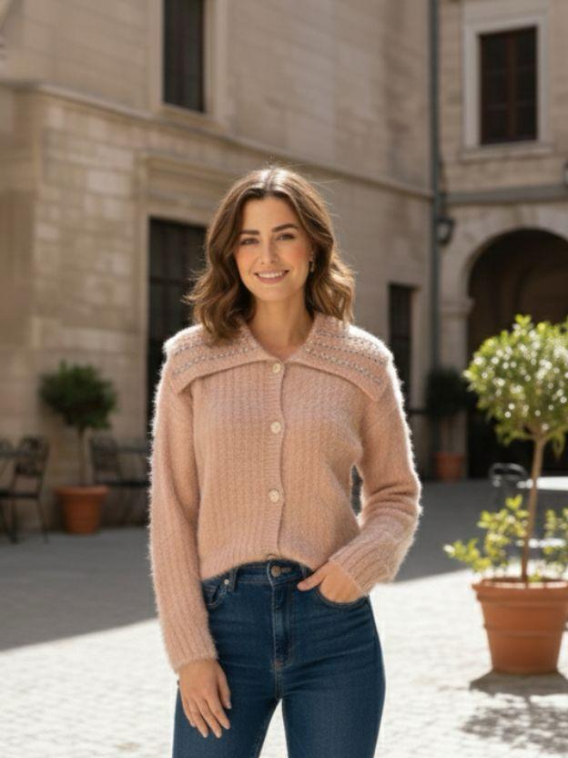 Embellished Collar Knit Top – Women’s Winter Cardigan Sweater