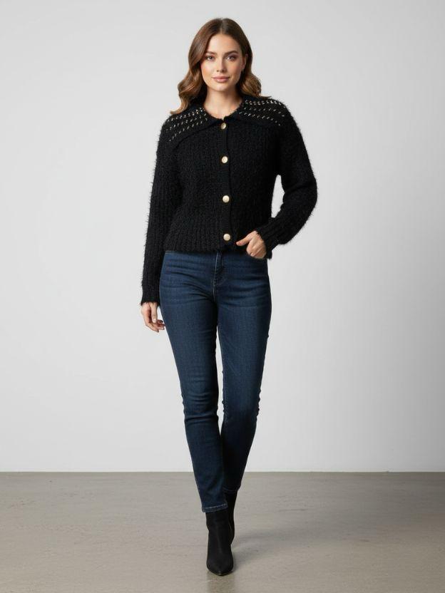 Embellished Collar Knit Top – Women’s Winter Cardigan Sweater