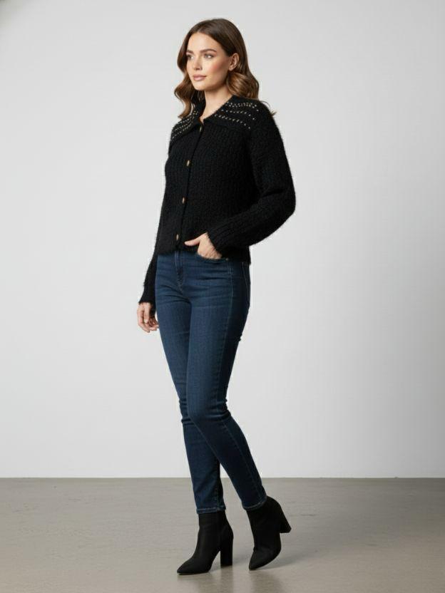 Embellished Collar Knit Top – Women’s Winter Cardigan Sweater