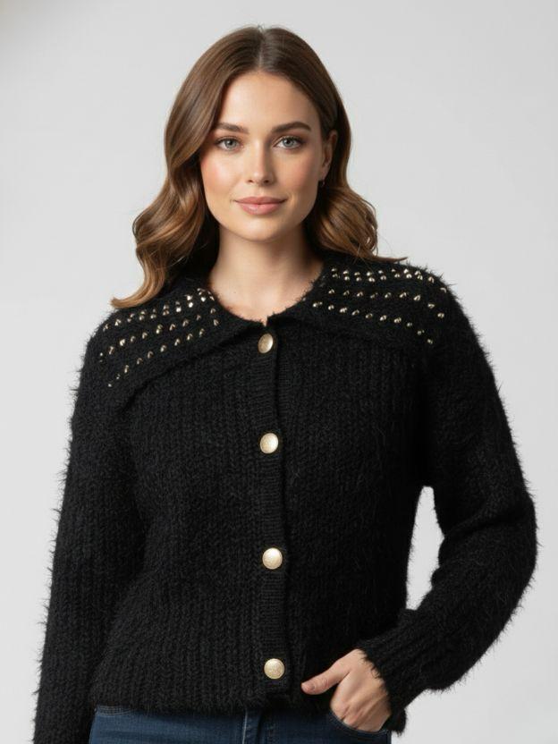 Embellished Collar Knit Top – Women’s Winter Cardigan Sweater
