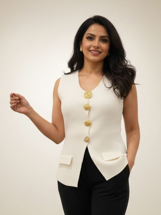 Elegant Button Detail Sleeveless Top | Women’s Smart Casual Top
