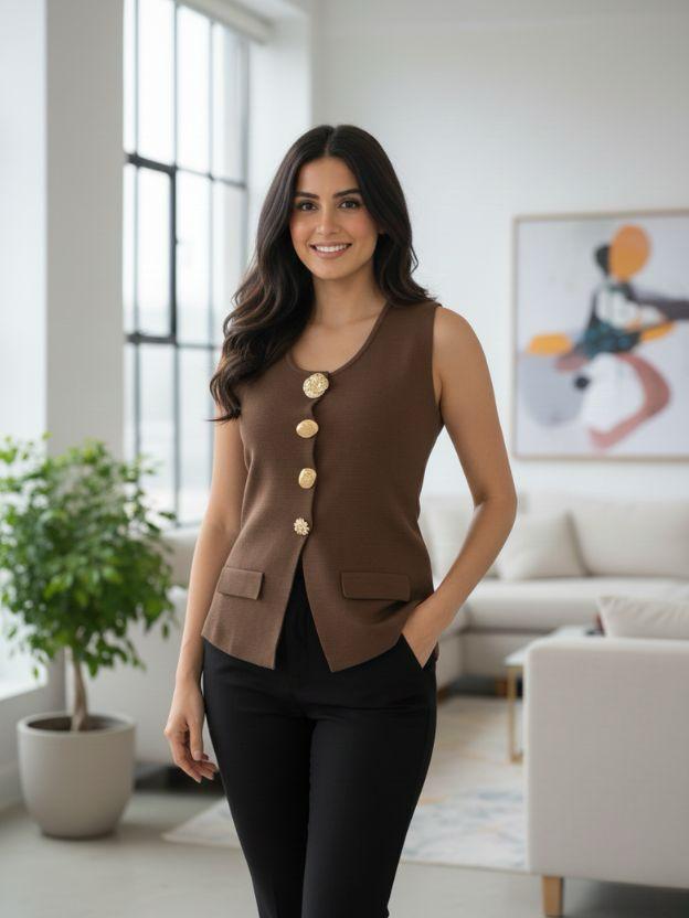 Elegant Button Detail Sleeveless Top | Women’s Smart Casual Top