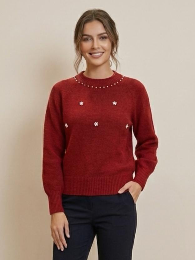 Elegant Women’s Sweater | Soft Knit Pearl Design Casual Winter Wear