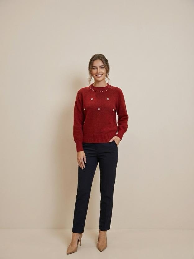 Elegant Women’s Sweater | Soft Knit Pearl Design Casual Winter Wear