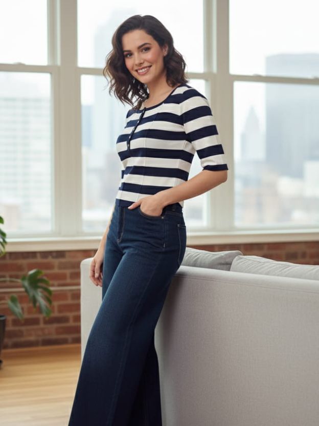 Women’s Striped Casual Top with Button Placket | Smart Everyday Knitwear