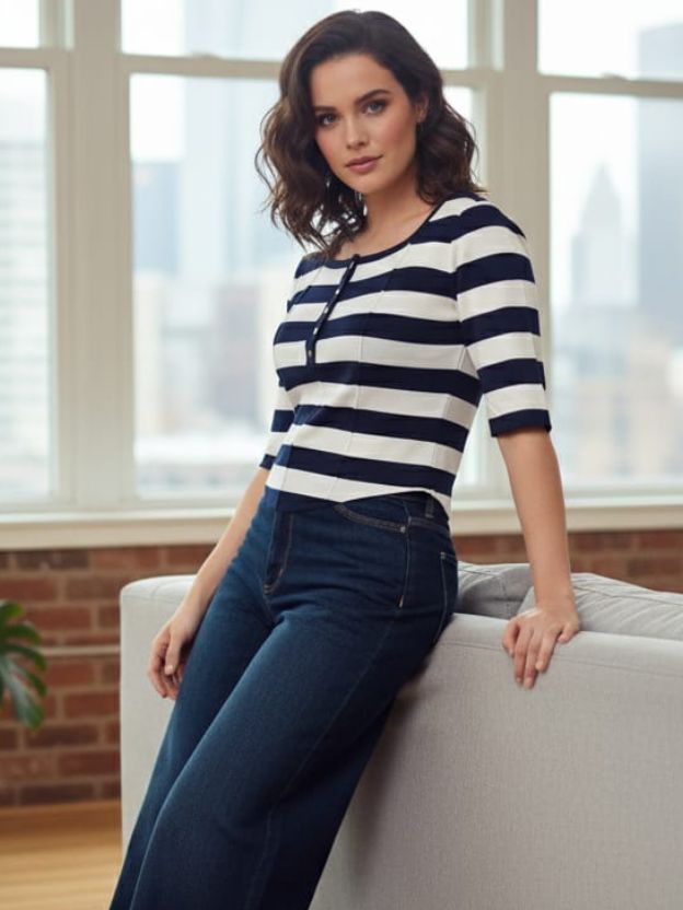 Women’s Striped Casual Top with Button Placket | Smart Everyday Knitwear