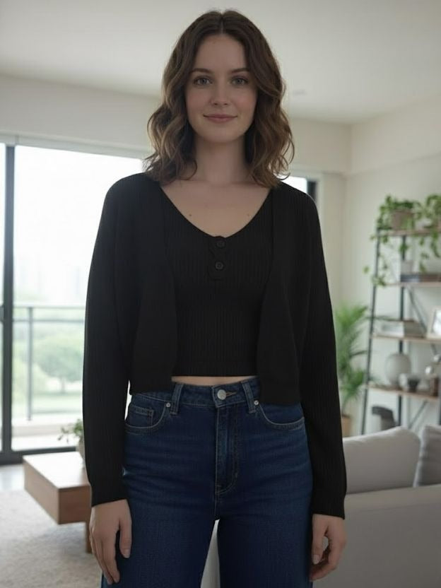 Ribbed Knit Crop Top with Open Front Shrug for Women