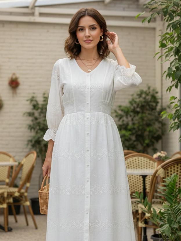 Women’s Cotton Midi Dress with Buttons | Elegant Casual Summer Dress