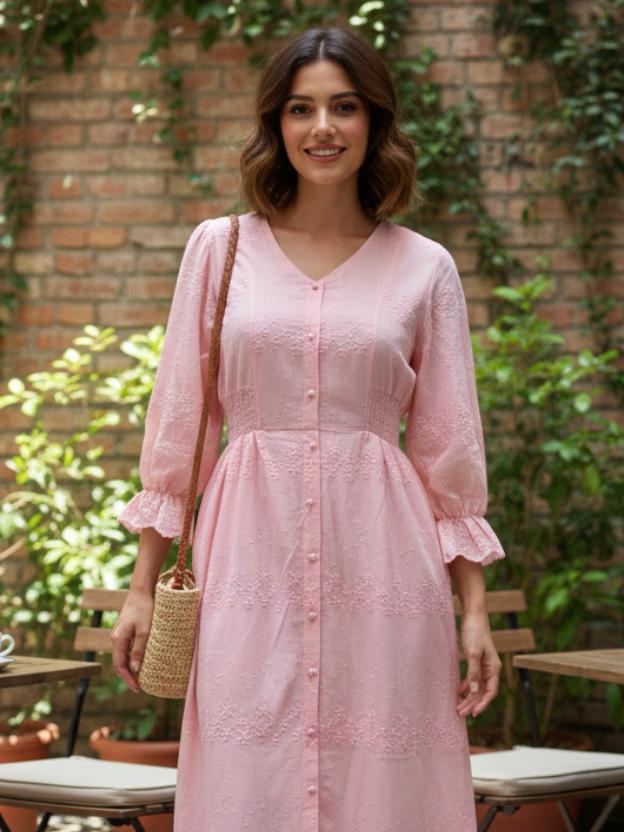 Women’s Cotton Midi Dress with Buttons | Elegant Casual Summer Dress