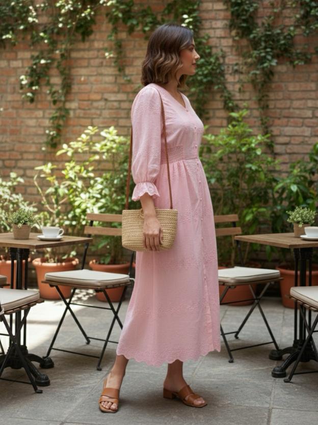 Women’s Cotton Midi Dress with Buttons | Elegant Casual Summer Dress