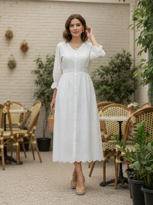 Women’s Cotton Midi Dress with Buttons | Elegant Casual Summer Dress