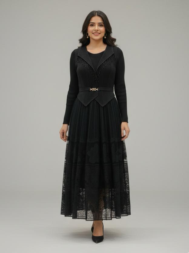 Luxury Full Sleeve Lace Midi Dress | Elegant Party Wear Dress