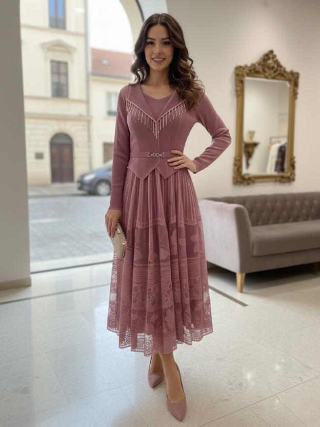 Luxury Full Sleeve Lace Midi Dress | Elegant Party Wear Dress