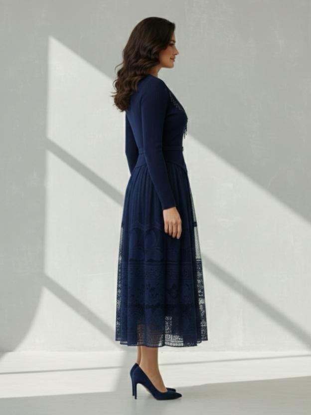 Luxury Full Sleeve Lace Midi Dress | Elegant Party Wear Dress