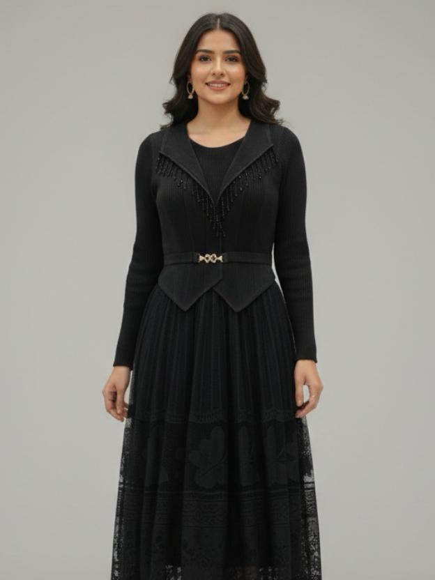 Luxury Full Sleeve Lace Midi Dress | Elegant Party Wear Dress