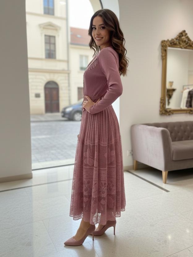 Luxury Full Sleeve Lace Midi Dress | Elegant Party Wear Dress