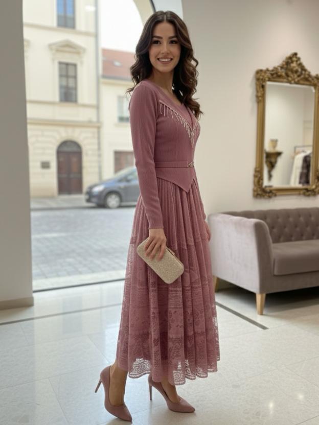 Luxury Full Sleeve Lace Midi Dress | Elegant Party Wear Dress