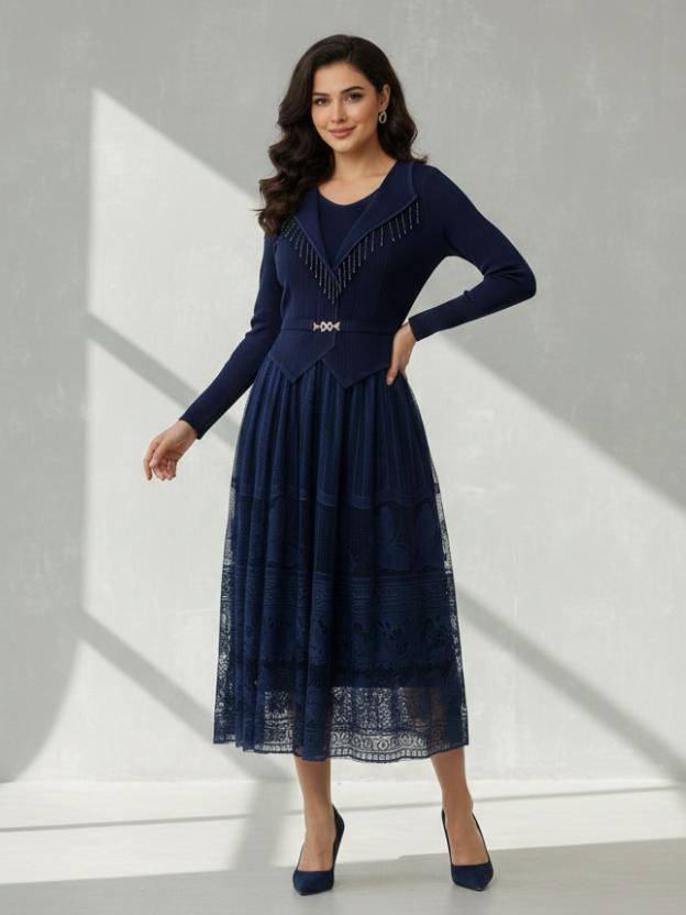 Luxury Full Sleeve Lace Midi Dress | Elegant Party Wear Dress