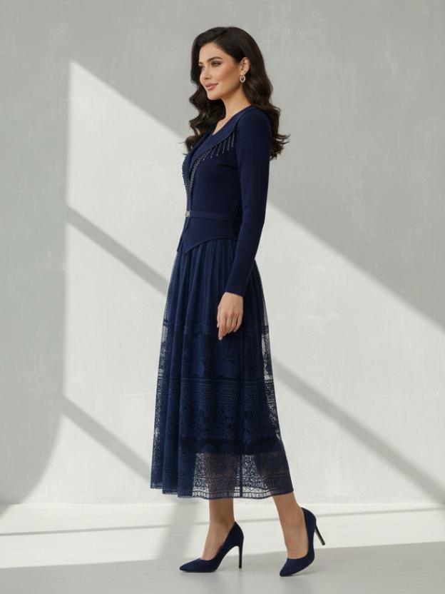 Luxury Full Sleeve Lace Midi Dress | Elegant Party Wear Dress