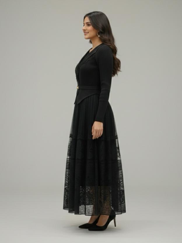 Luxury Full Sleeve Lace Midi Dress | Elegant Party Wear Dress