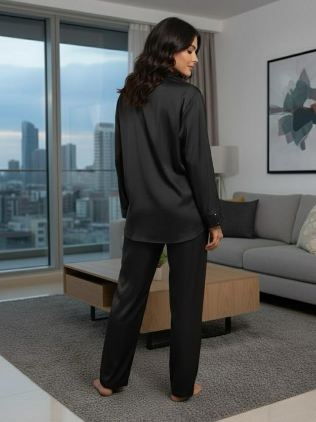 Women’s Chocolate Brown Satin Co-Ord Set | Premium Pajama Style with Sequin Pocket