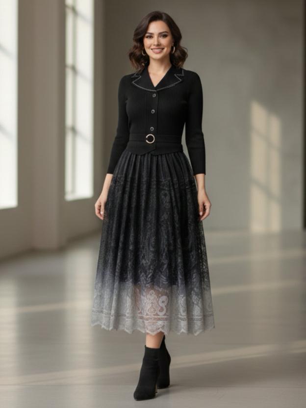 Elegant Midi Dress for Women | Lace Ombre Skirt
