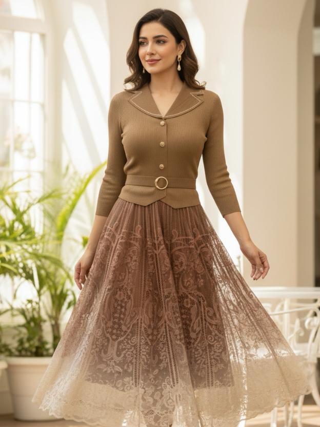 Elegant Midi Dress for Women | Lace Ombre Skirt