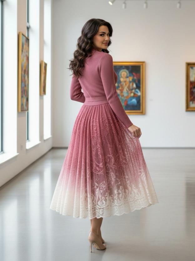 Elegant Midi Dress for Women | Lace Ombre Skirt