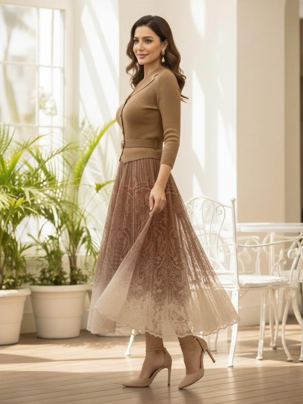 Elegant Midi Dress for Women | Lace Ombre Skirt