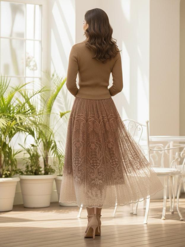 Elegant Midi Dress for Women | Lace Ombre Skirt