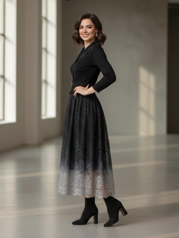 Elegant Midi Dress for Women | Lace Ombre Skirt