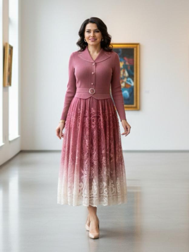 Elegant Midi Dress for Women | Lace Ombre Skirt
