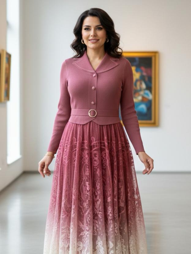 Elegant Midi Dress for Women | Lace Ombre Skirt