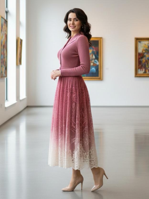 Elegant Midi Dress for Women | Lace Ombre Skirt