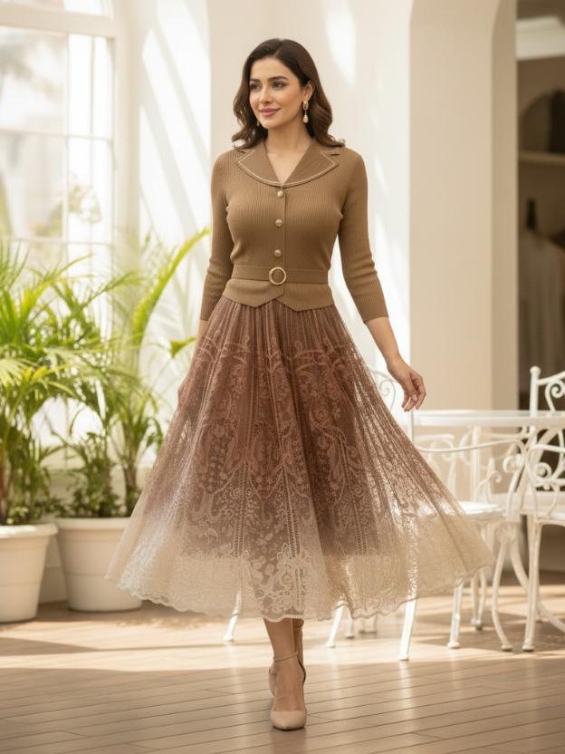 Elegant Midi Dress for Women | Lace Ombre Skirt
