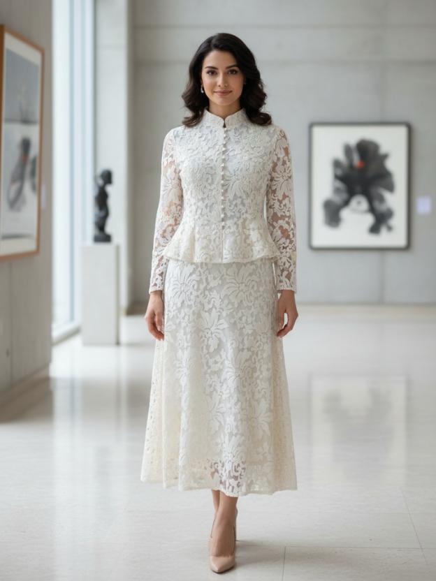 Elegant Lace Peplum Top and A-Line Midi Skirt Set with Mandarin Collar