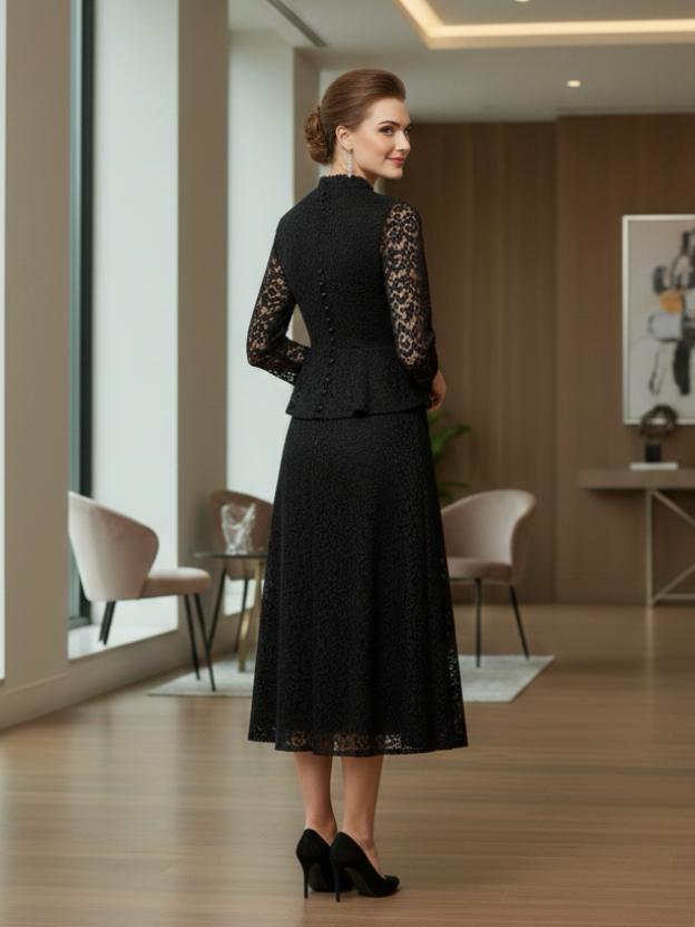 Elegant Lace Peplum Top and A-Line Midi Skirt Set with Mandarin Collar