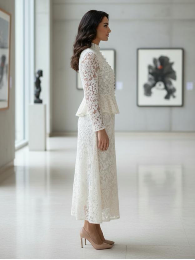 Elegant Lace Peplum Top and A-Line Midi Skirt Set with Mandarin Collar
