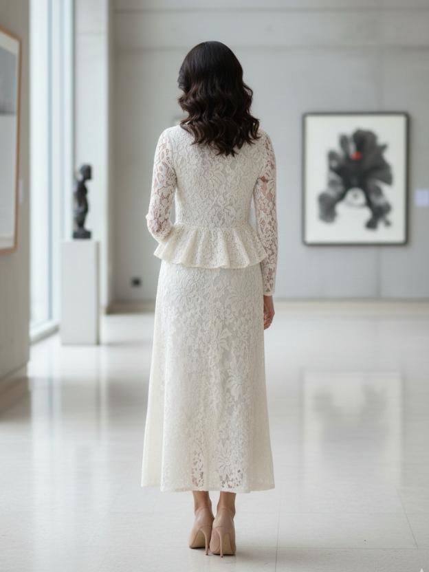 Elegant Lace Peplum Top and A-Line Midi Skirt Set with Mandarin Collar