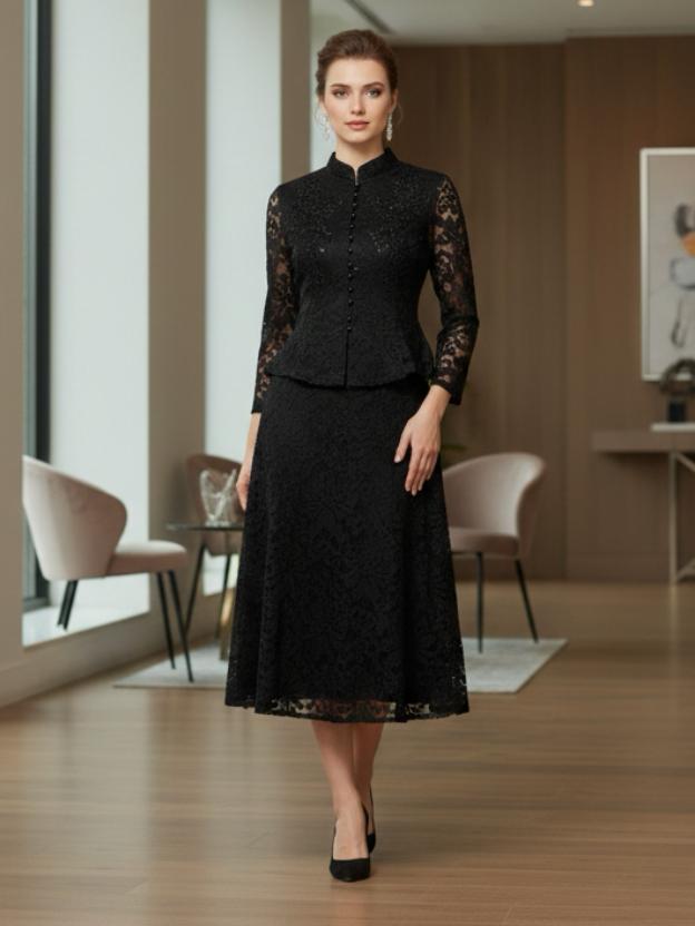 Elegant Lace Peplum Top and A-Line Midi Skirt Set with Mandarin Collar