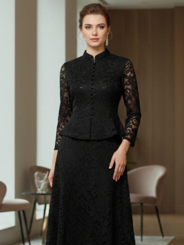 Elegant Lace Peplum Top and A-Line Midi Skirt Set with Mandarin Collar