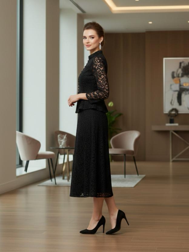 Elegant Lace Peplum Top and A-Line Midi Skirt Set with Mandarin Collar